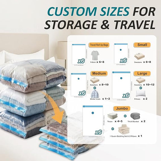30-Pack Vacuum Storage Bags for Comforters, Blankets & Clothes — Space Saver Bags with Hand Pump | 5 Sizes | Triple Seal Airtight Design
