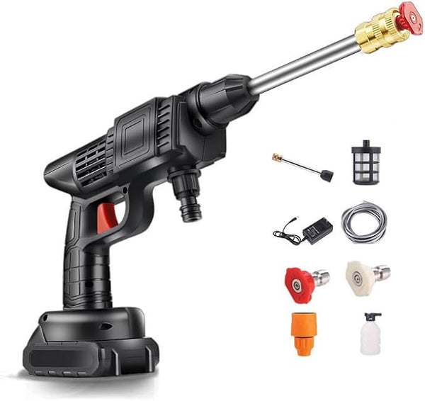 Cordless High Pressure Car Washer Gun — 12V Brushless Motor, 10M Spray Distance, 3 Adjustable Spray Modes | Portable Battery Powered Pressure Washer with 5M Hose & Foam Pot | Car, Garden & Outdoor Cleaning