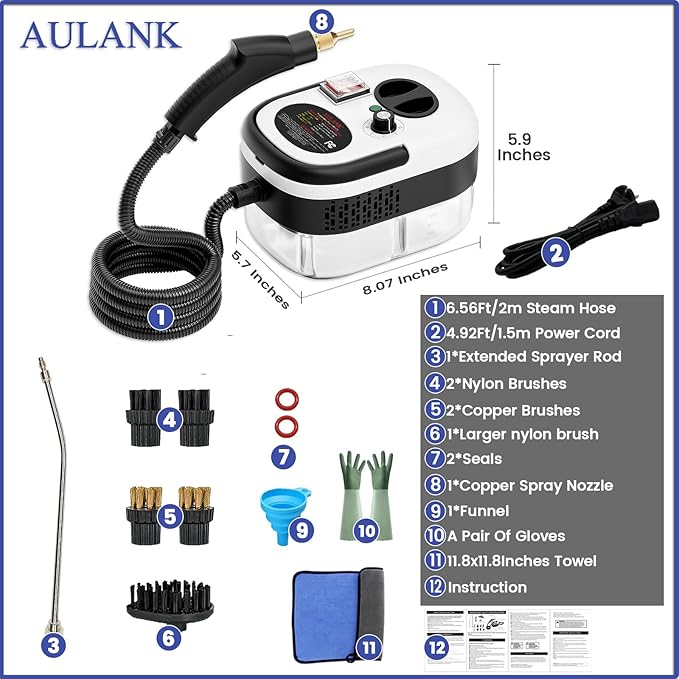 2500W Handheld Steam Cleaner for Home & Car Detailing — Heats in 10 Seconds, 3 Bar Pressure, 6 Adjustable Gears | Chemical-Free Deep Cleaning for Kitchen, Grout, Tile, Furniture & Car Interiors